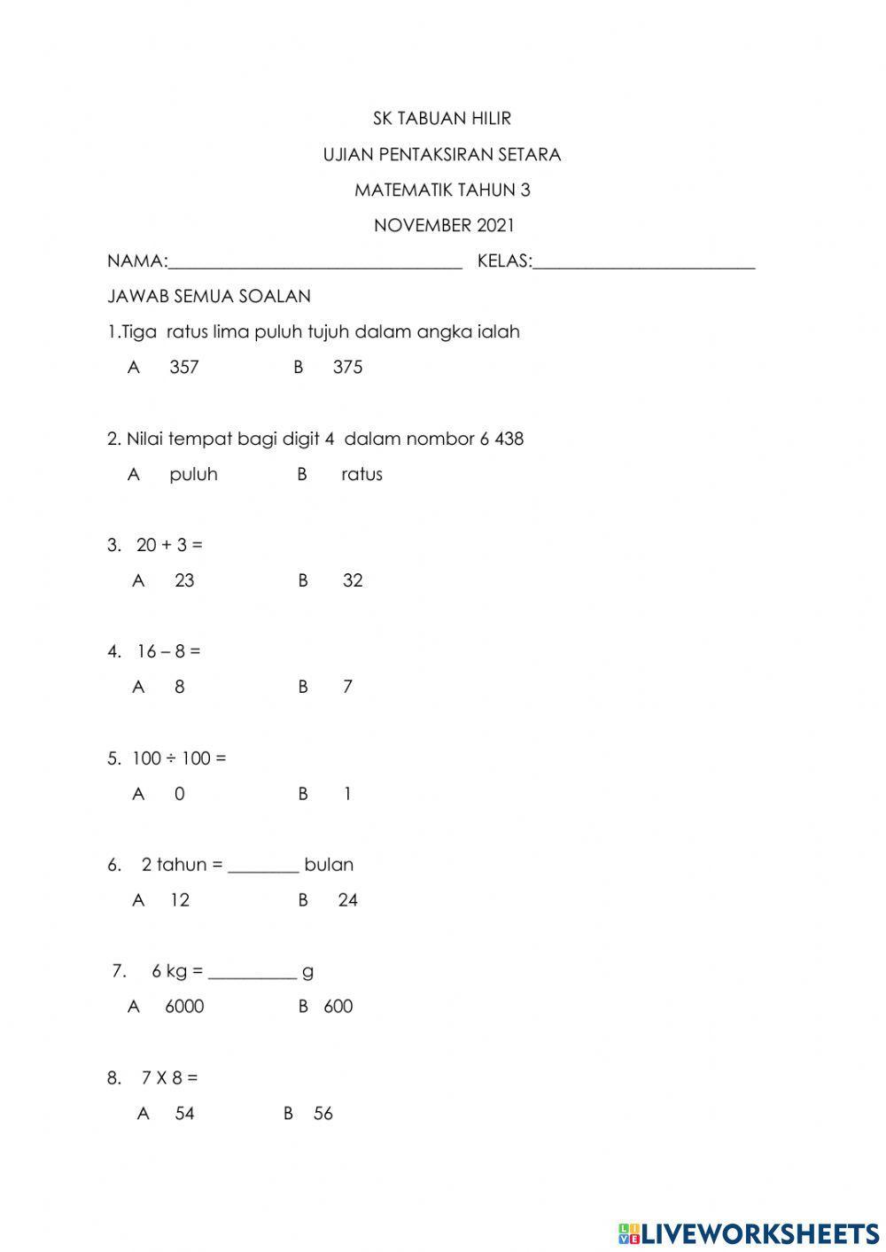Ujian pentaksiran matematik tahun 3