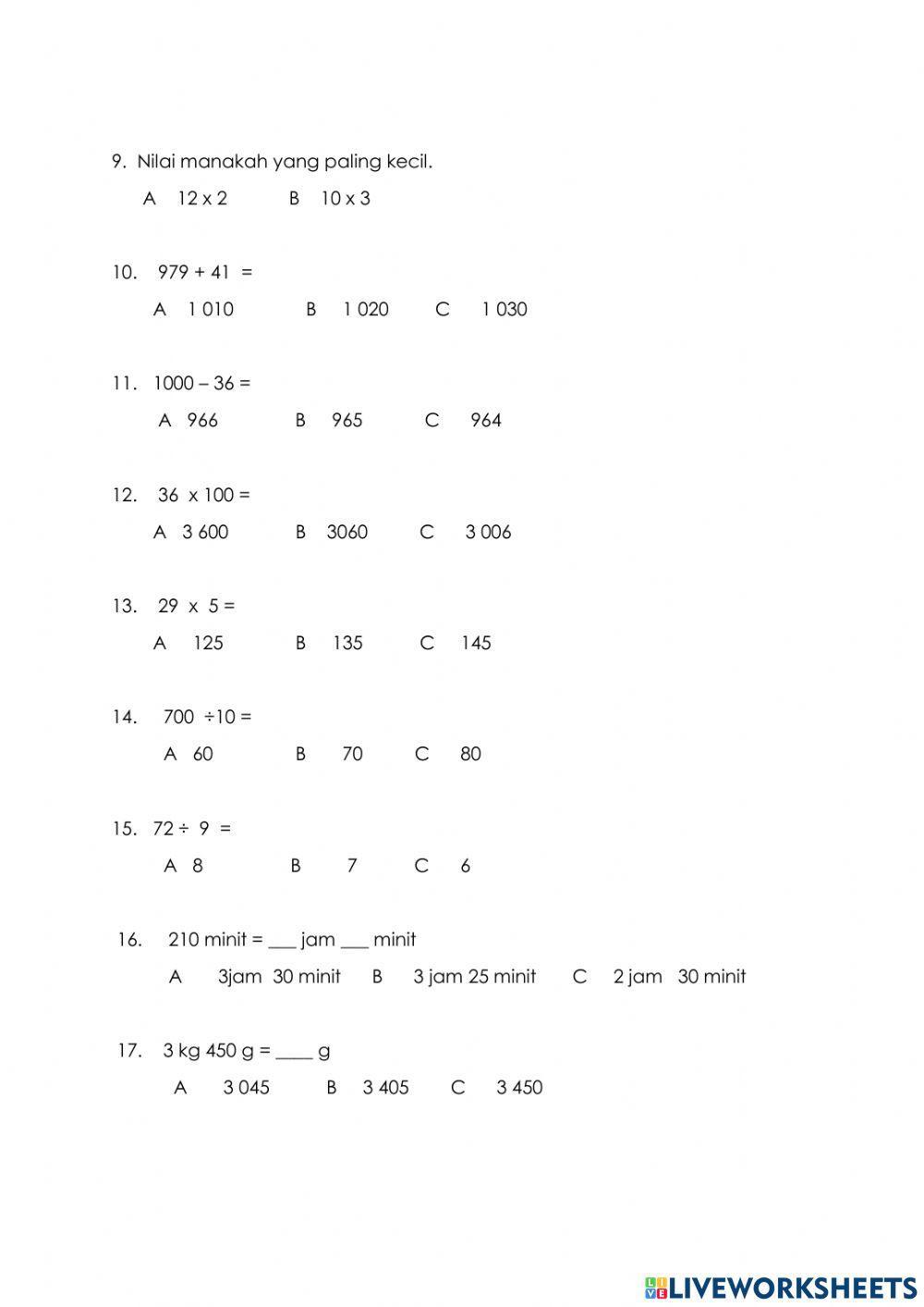 Ujian pentaksiran matematik tahun 3