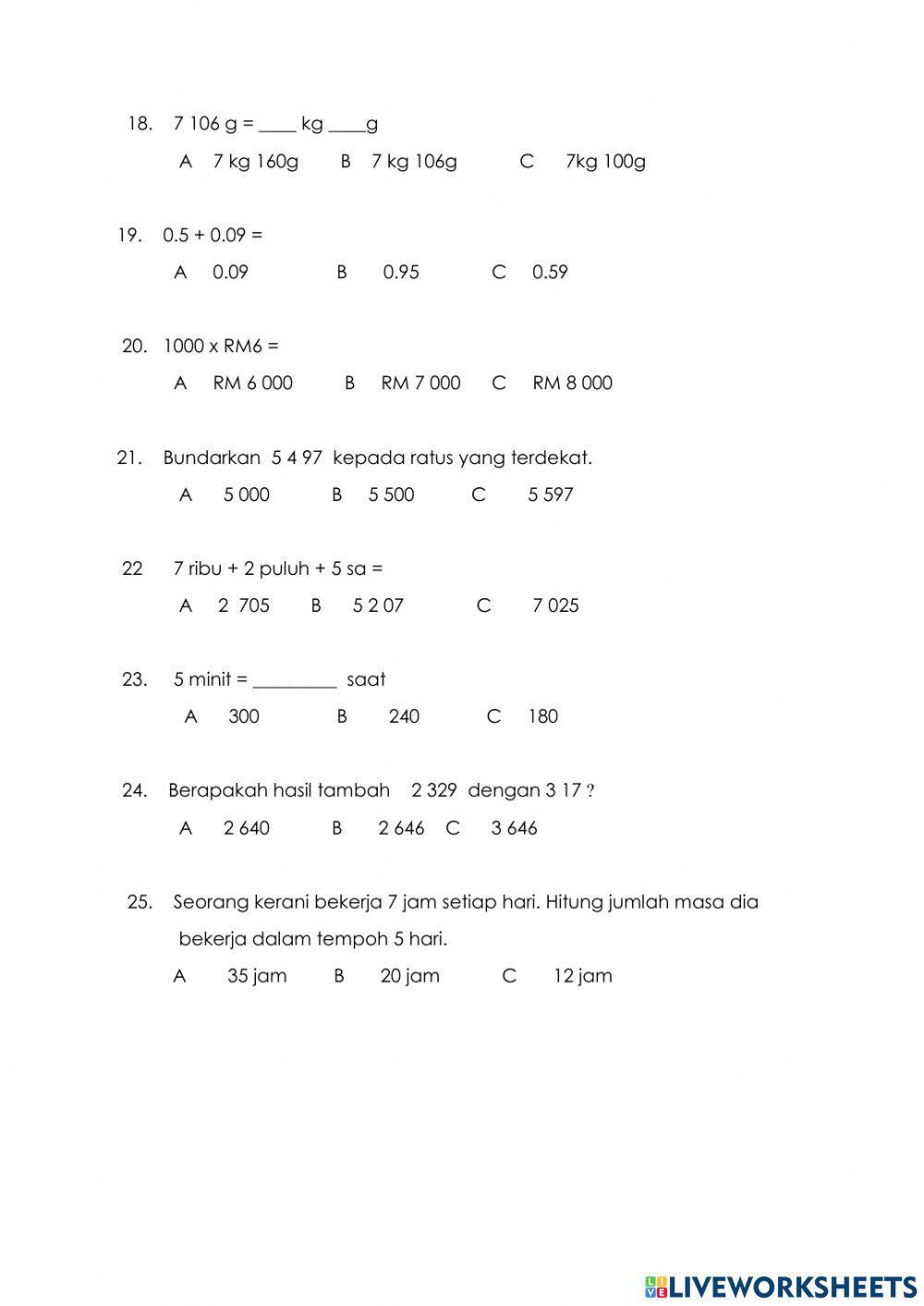 Ujian pentaksiran matematik tahun 3