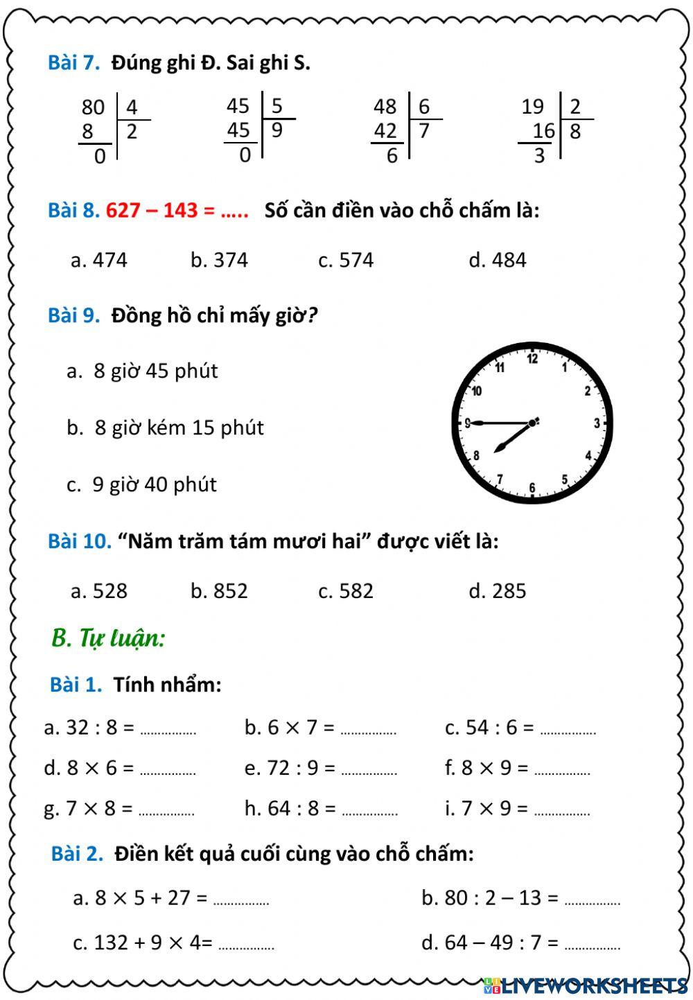 Toán ôn tập cuối tuần 10