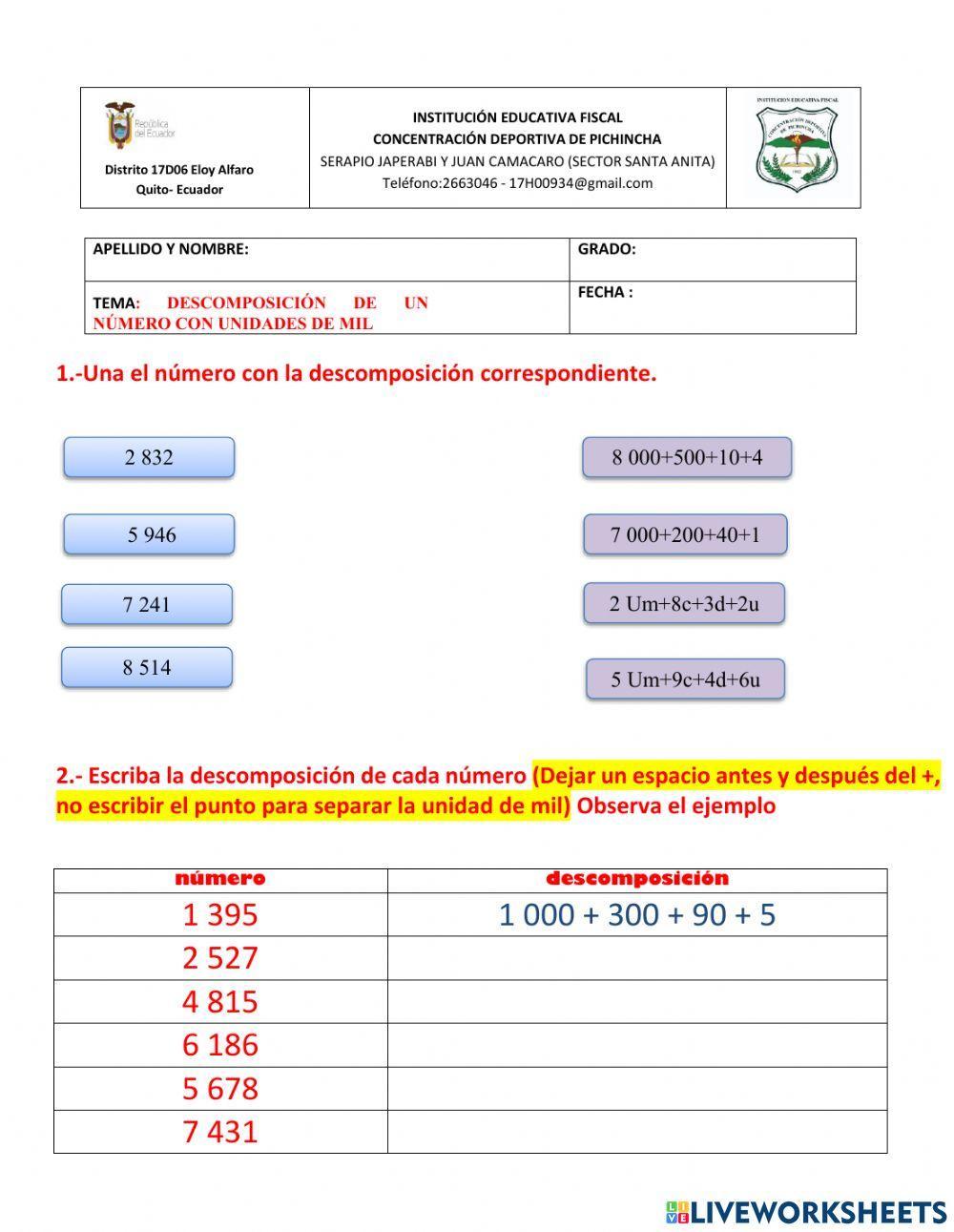 Descomposición de cantidades hasta la unidad de mil