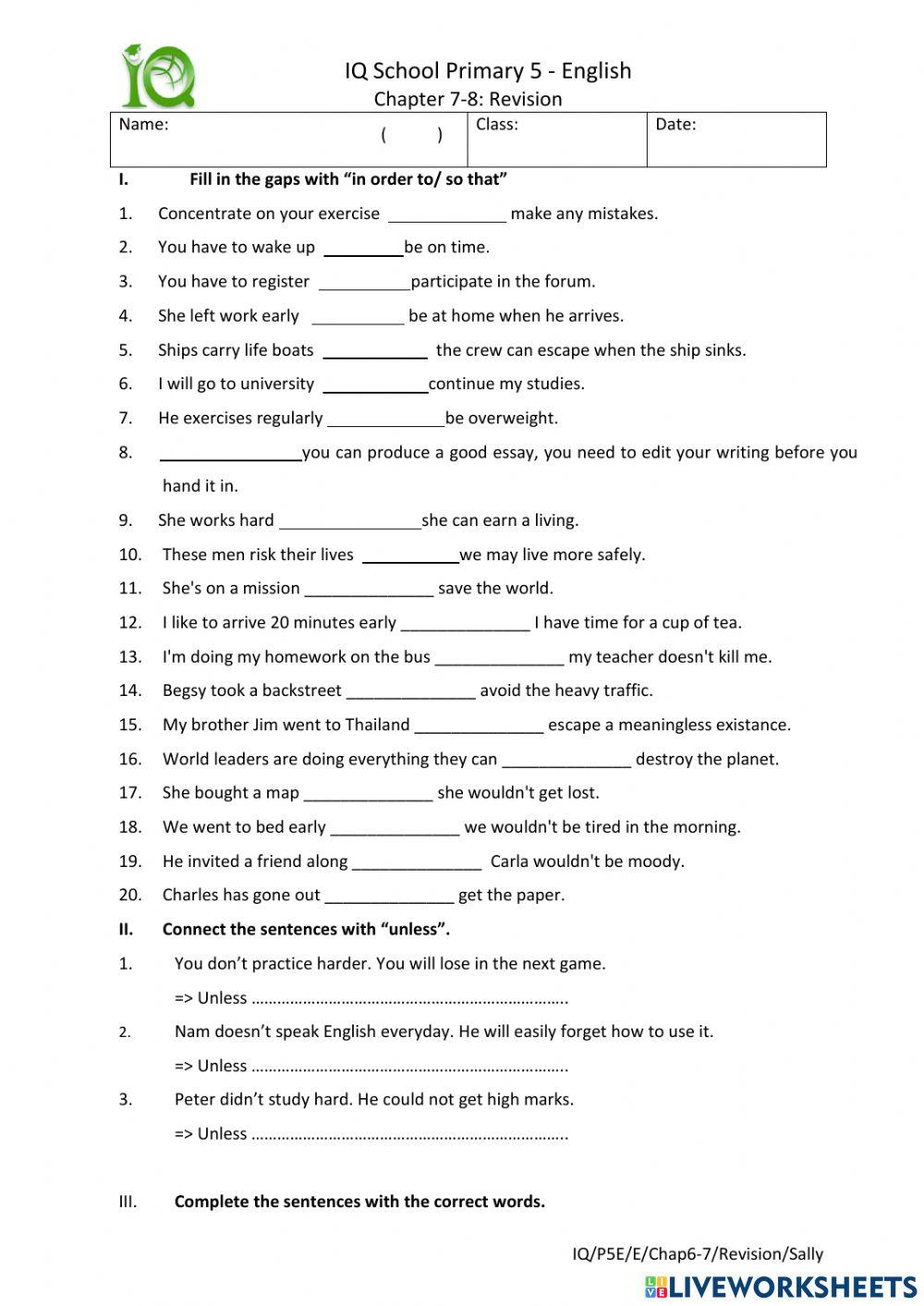 Chapter 6-7-8 Revision worksheet | Live Worksheets