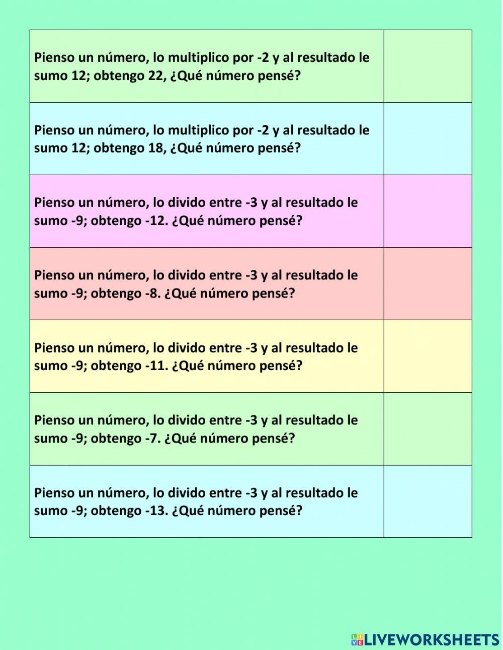 Ecuaciones con numeros negativos