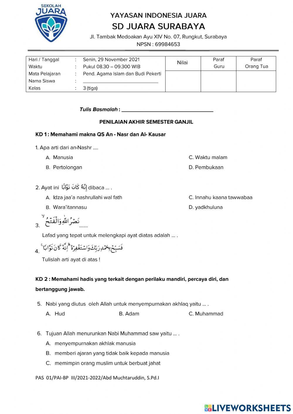 Pas sem 1 kelas 3 sd juara surabaya