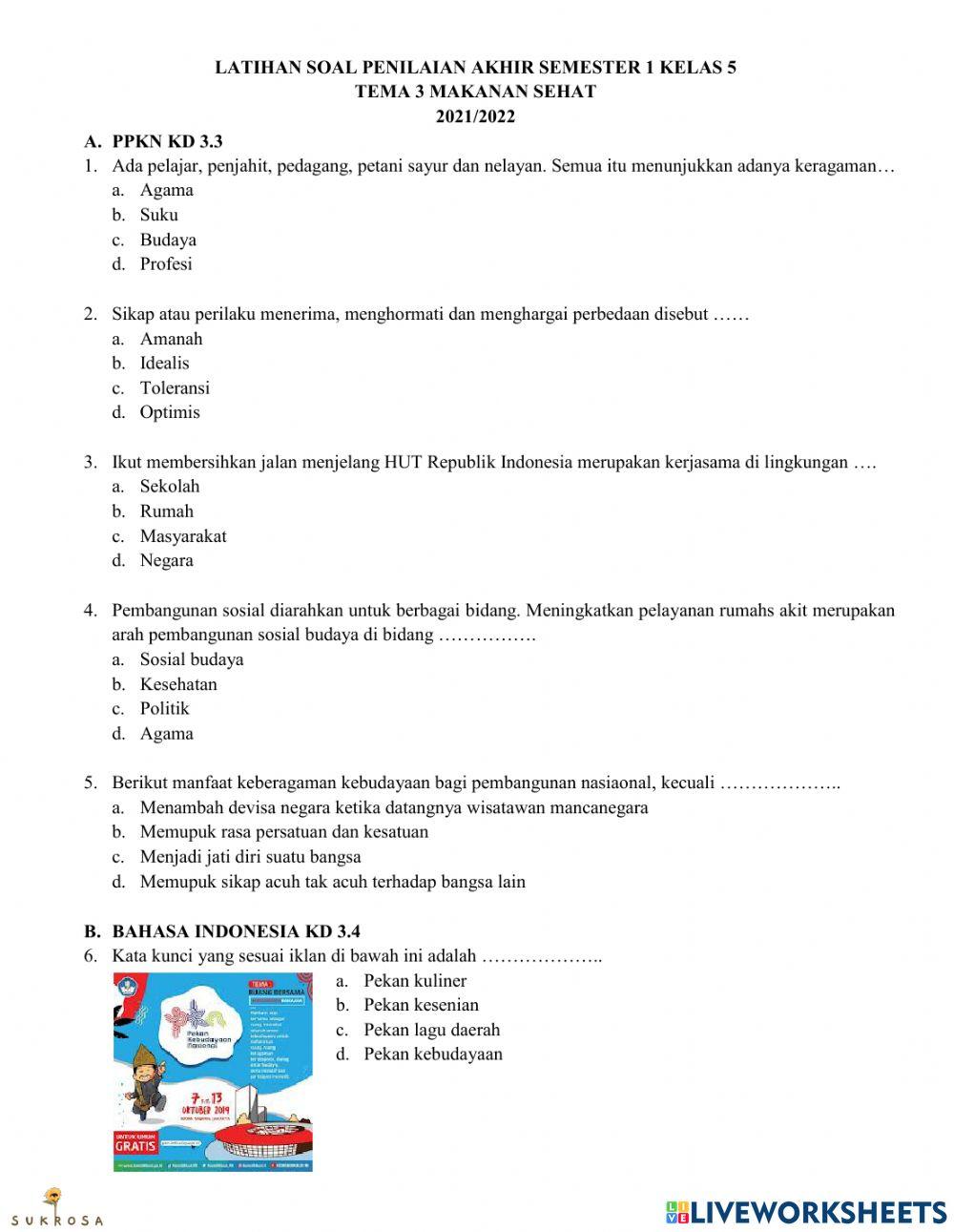 Penilaian Akhir Semester 1 Tema 3 Kelas 5