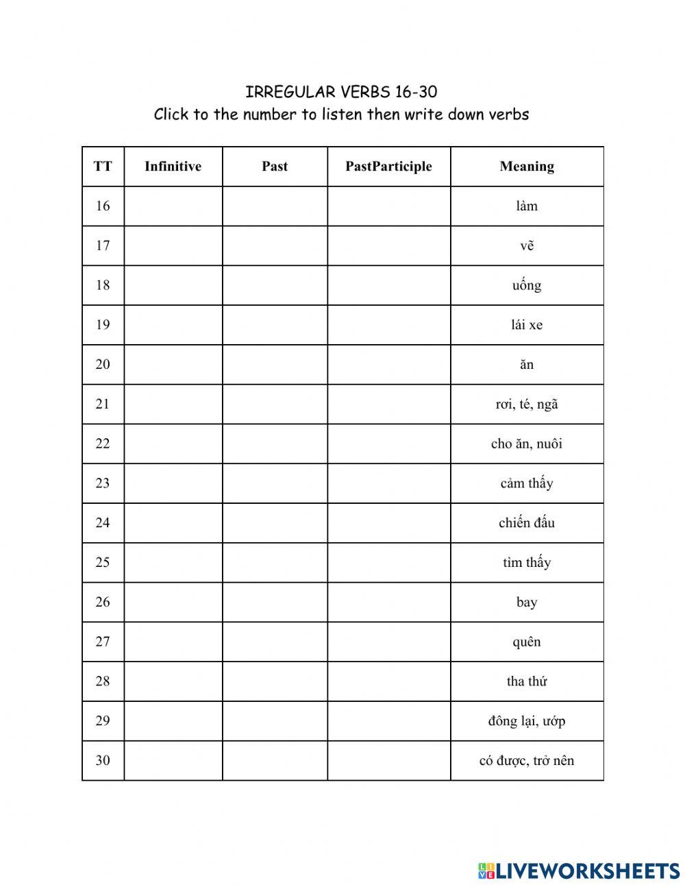Irregular verbs 16-30