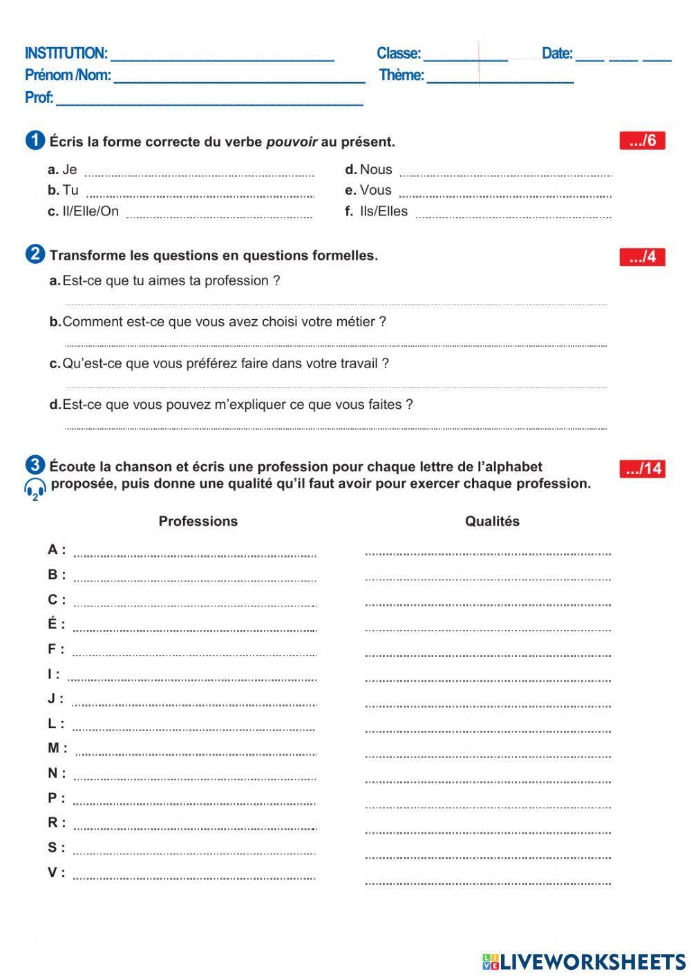 Évaluation: Les métiers