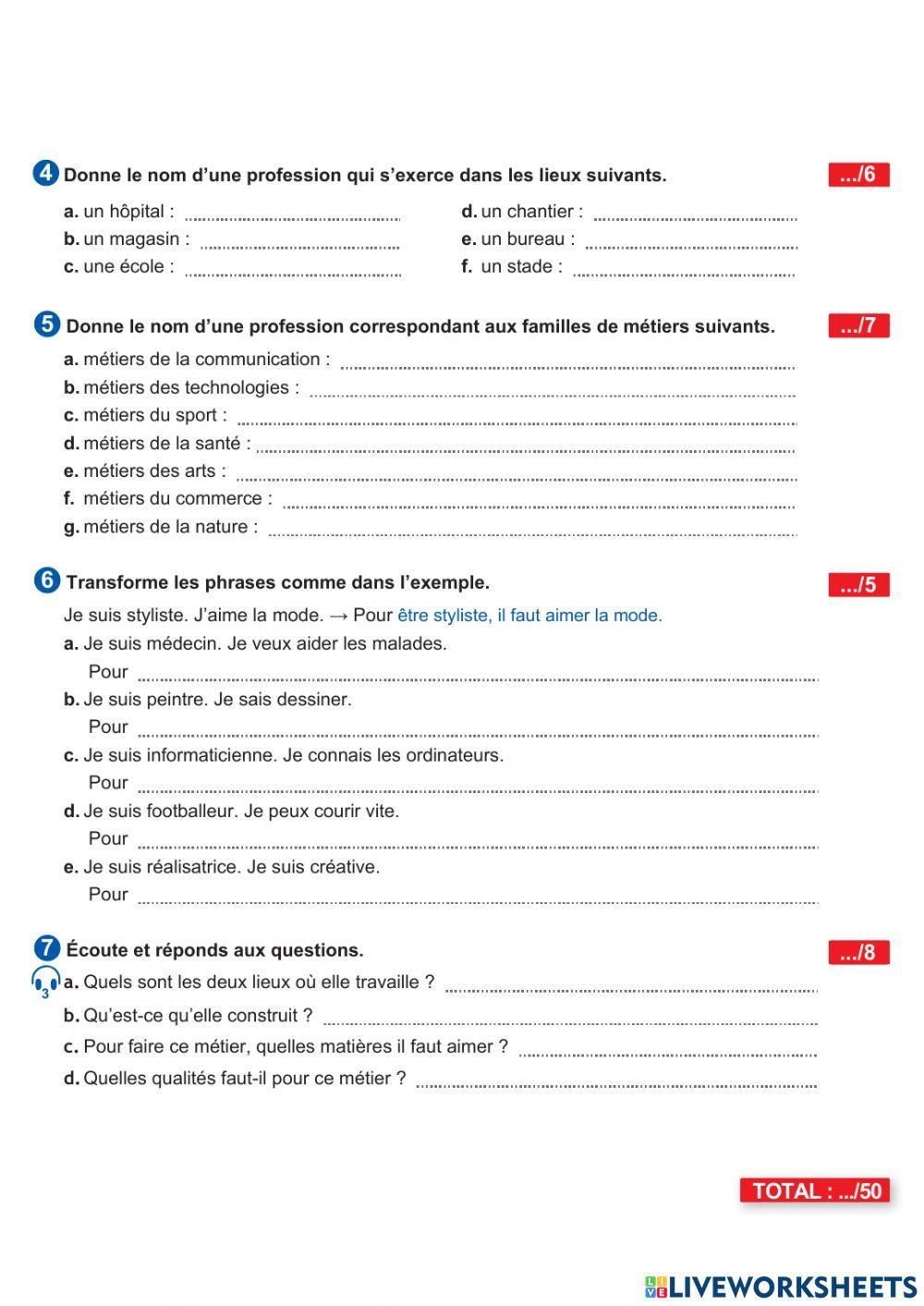 Évaluation: Les métiers