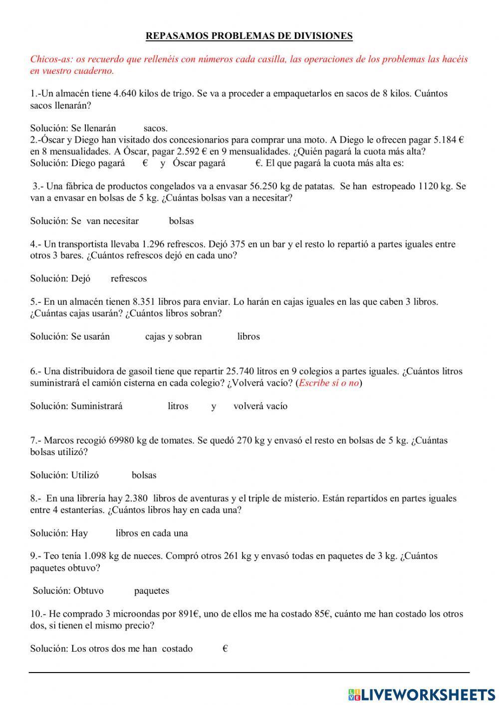 Problemas de divisiones una cifra en el divisor