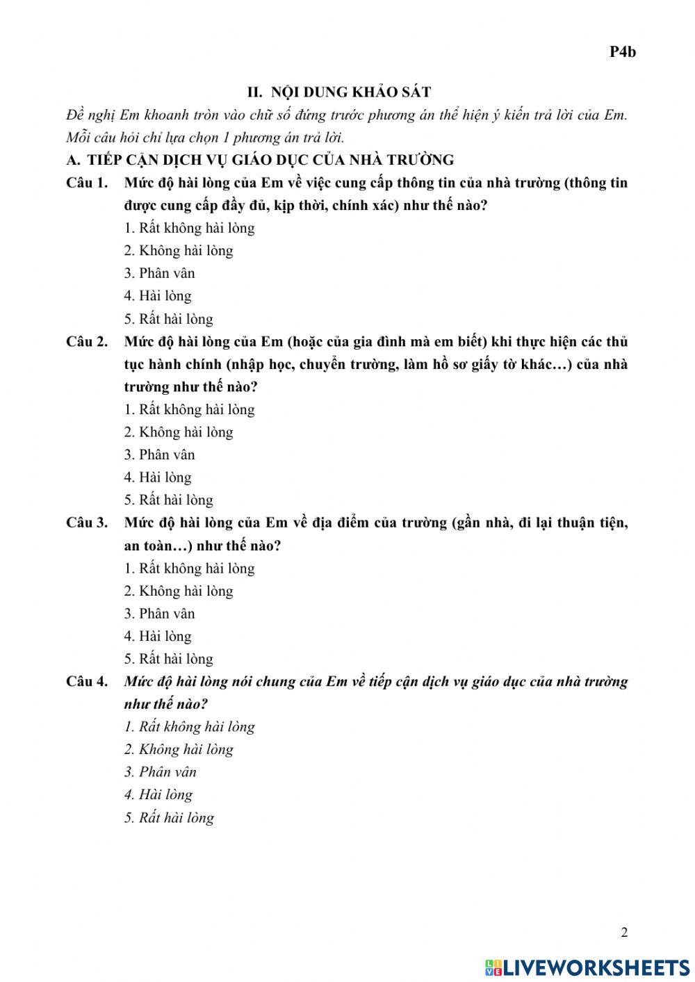 Phiếu khảo sát học sinh