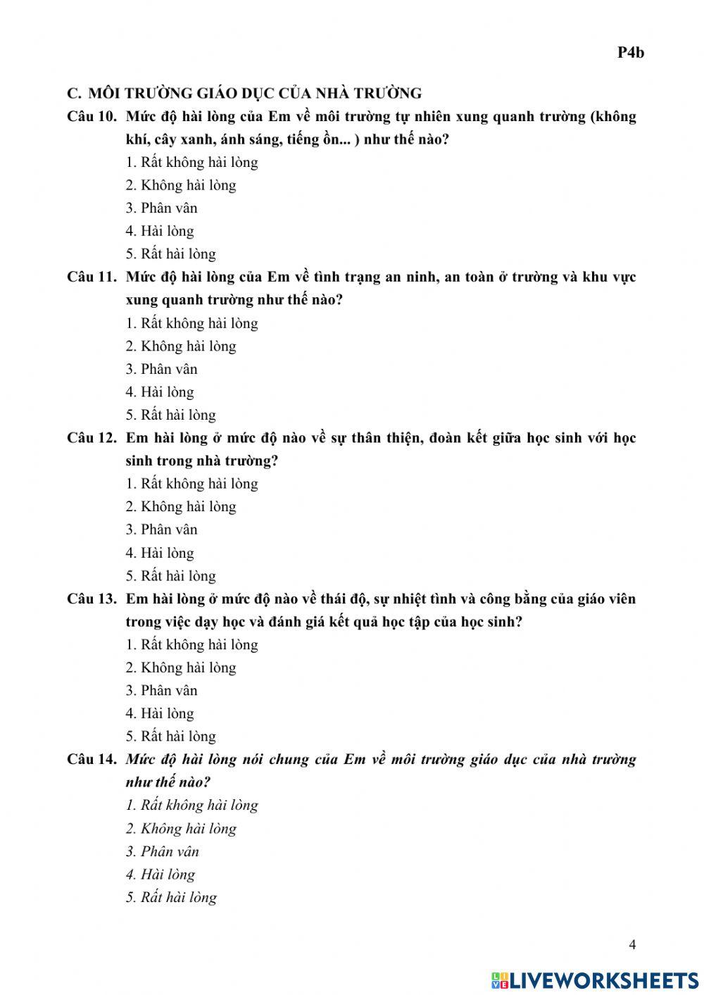 Phiếu khảo sát học sinh