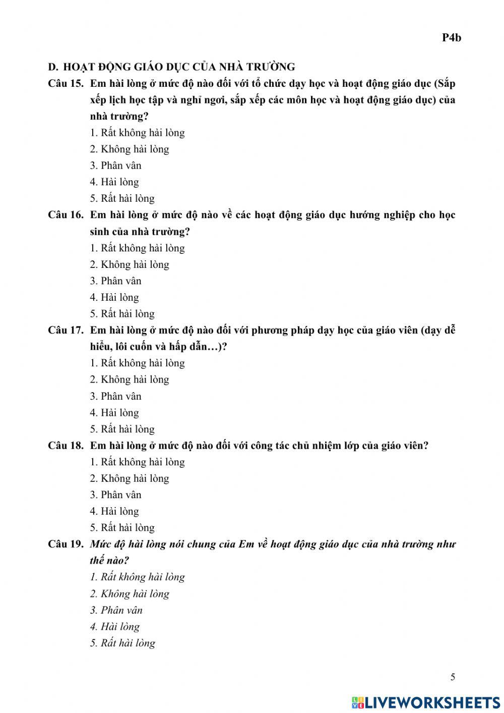 Phiếu khảo sát học sinh