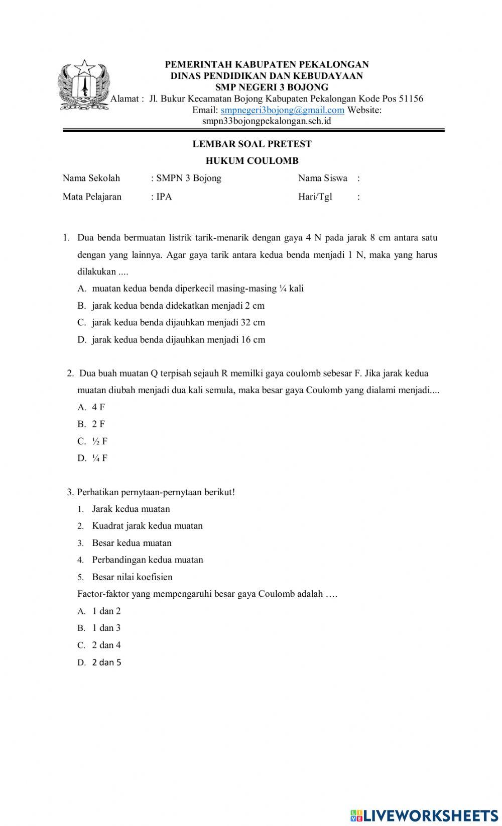 Pre test hukum coulomb