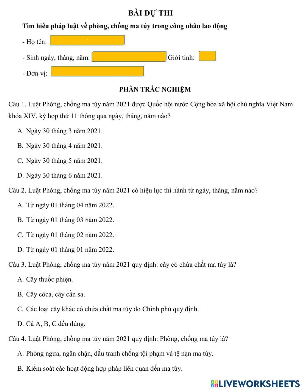Tìm hiểu pháp luật về phòng, chống ma túy” trong đoàn viên công đoàn, CNVCLĐ và cán bộ, chiến sỹ Công an tỉnh Trà Vinh năm 2021