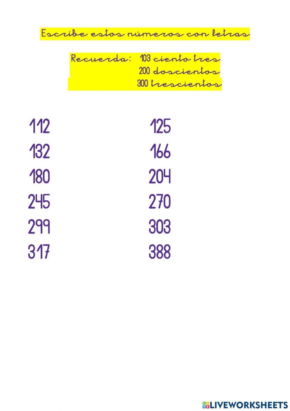 Escritura de números hasta el 399