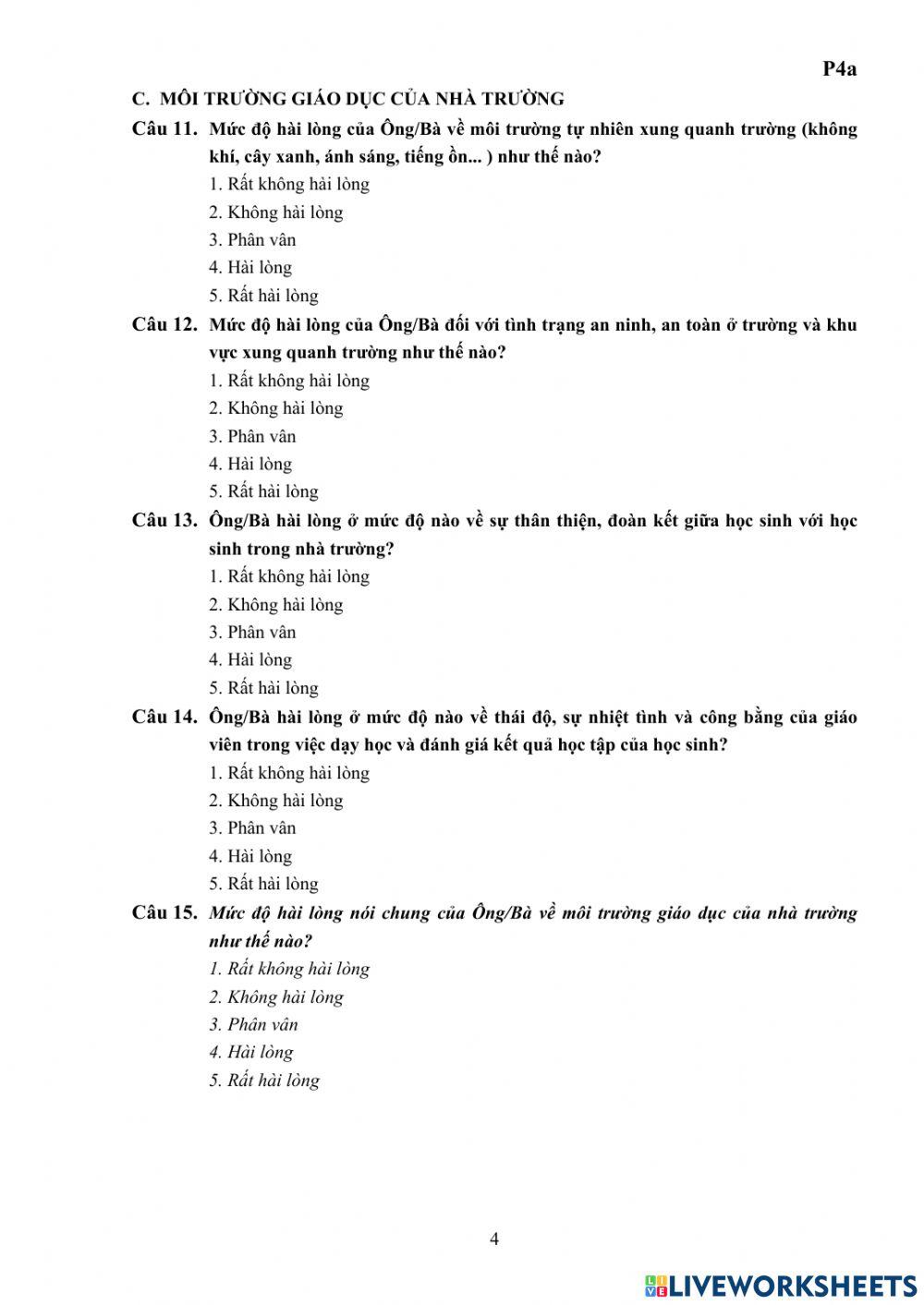 Phiếu khảo sát phụ huynh