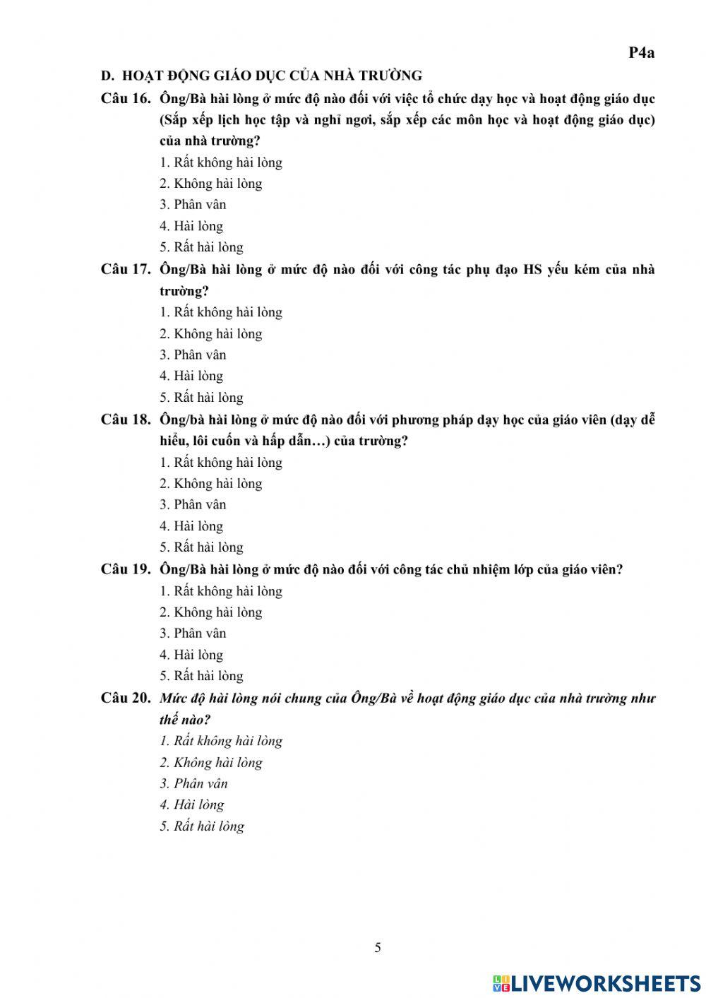 Phiếu khảo sát phụ huynh