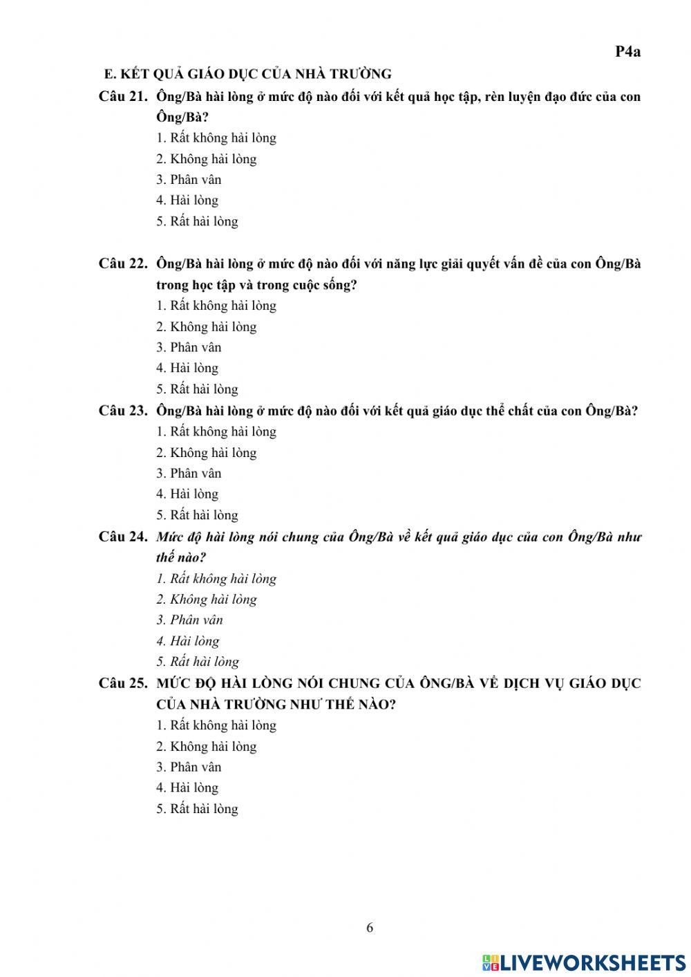 Phiếu khảo sát phụ huynh