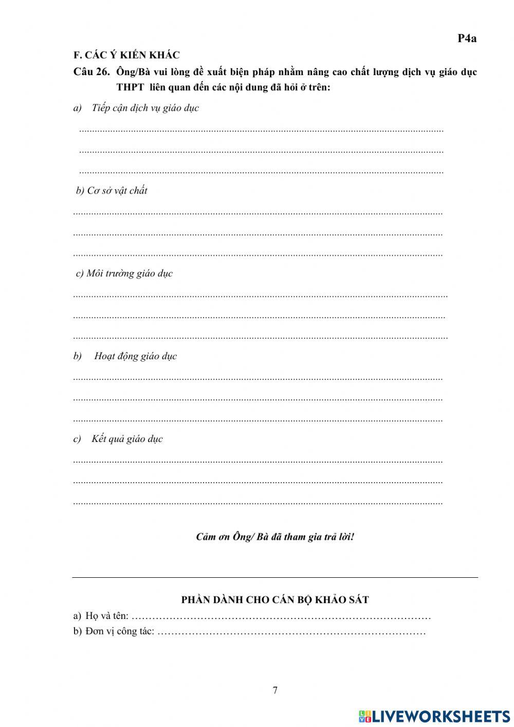 Phiếu khảo sát phụ huynh