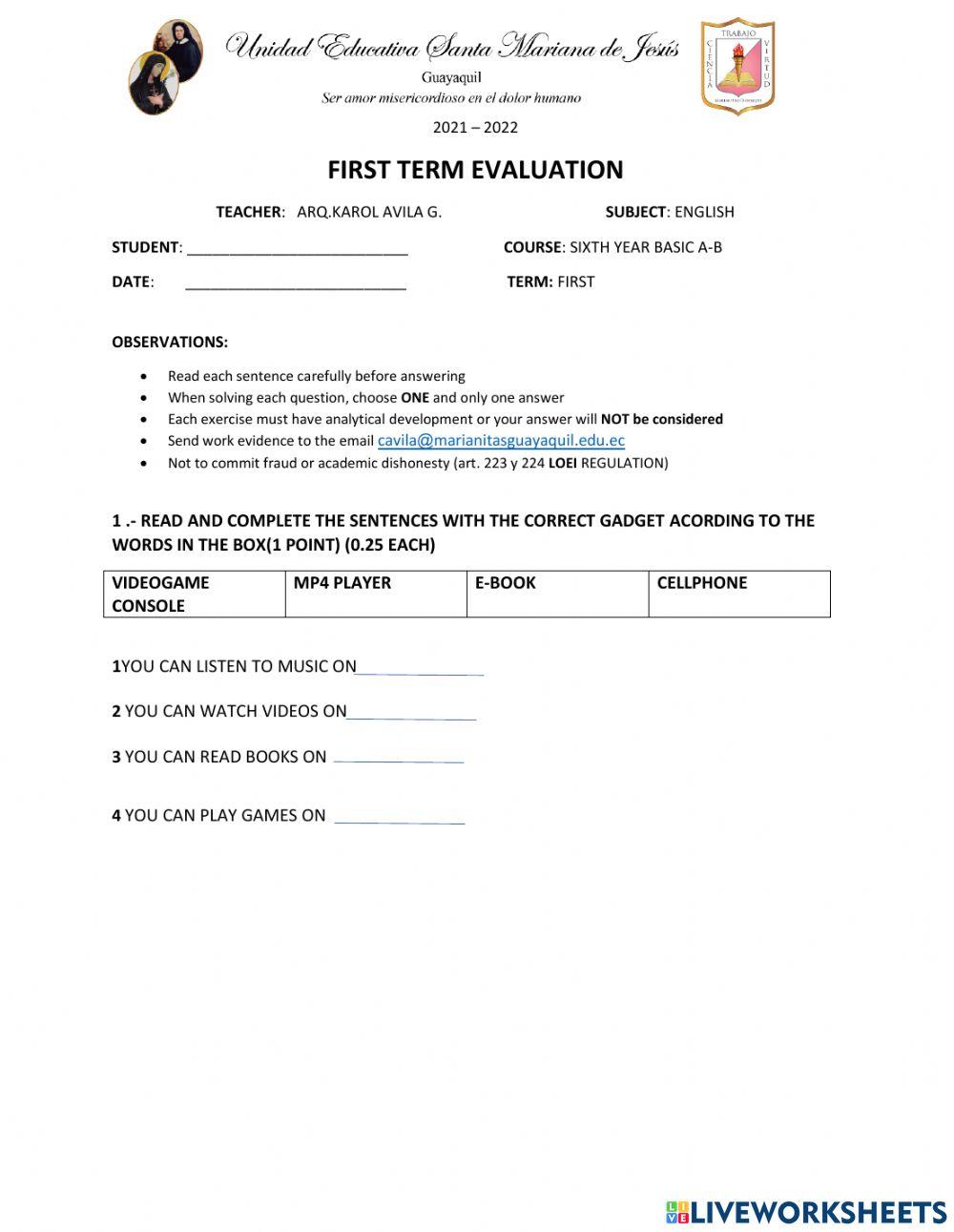 Evaluation 6th grade english
