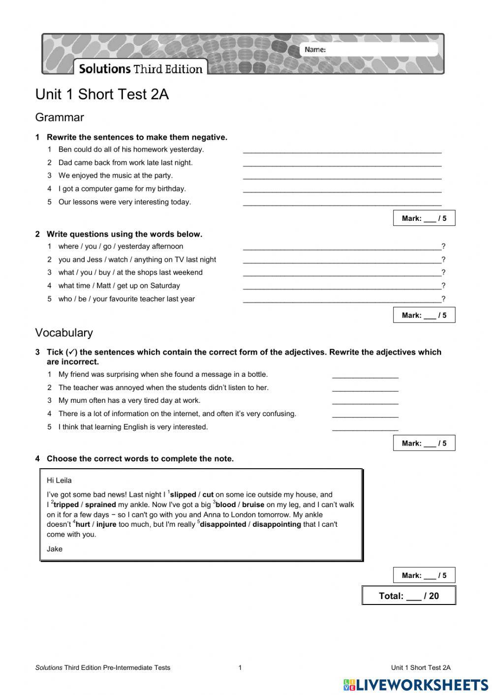 Unit 1 Test A Klasa 8 Unit 1 Test A 1661725 | Zyzythezebra | Live Worksheets