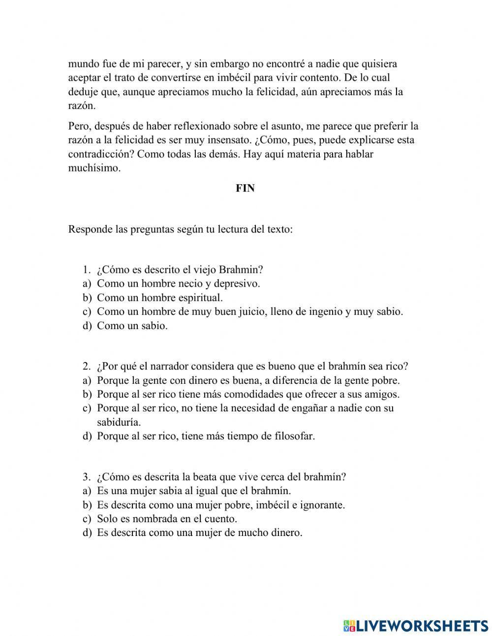 -historia de un brahmín- comprensión lectora