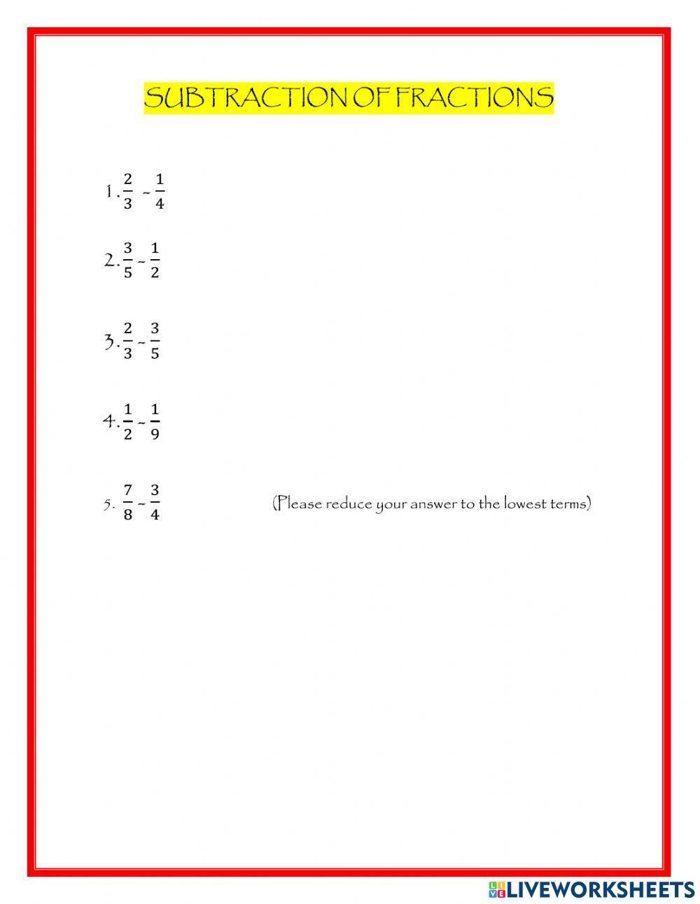 Subtraction of unlike fractions