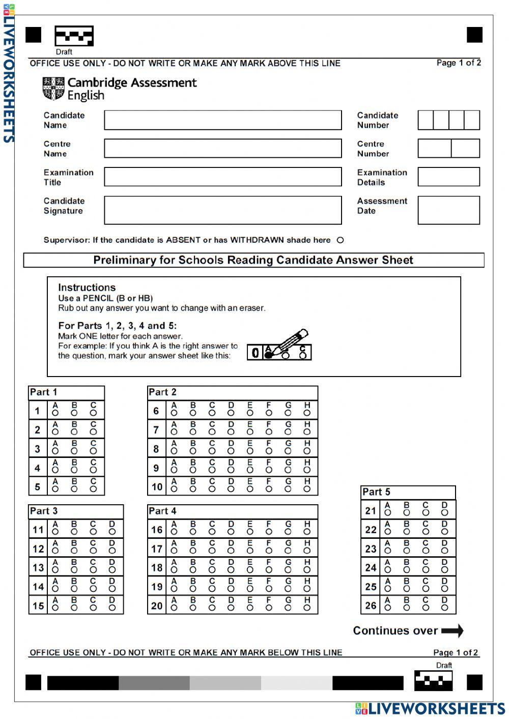 Answer sheet test 1 READING Collins B1 Preliminary