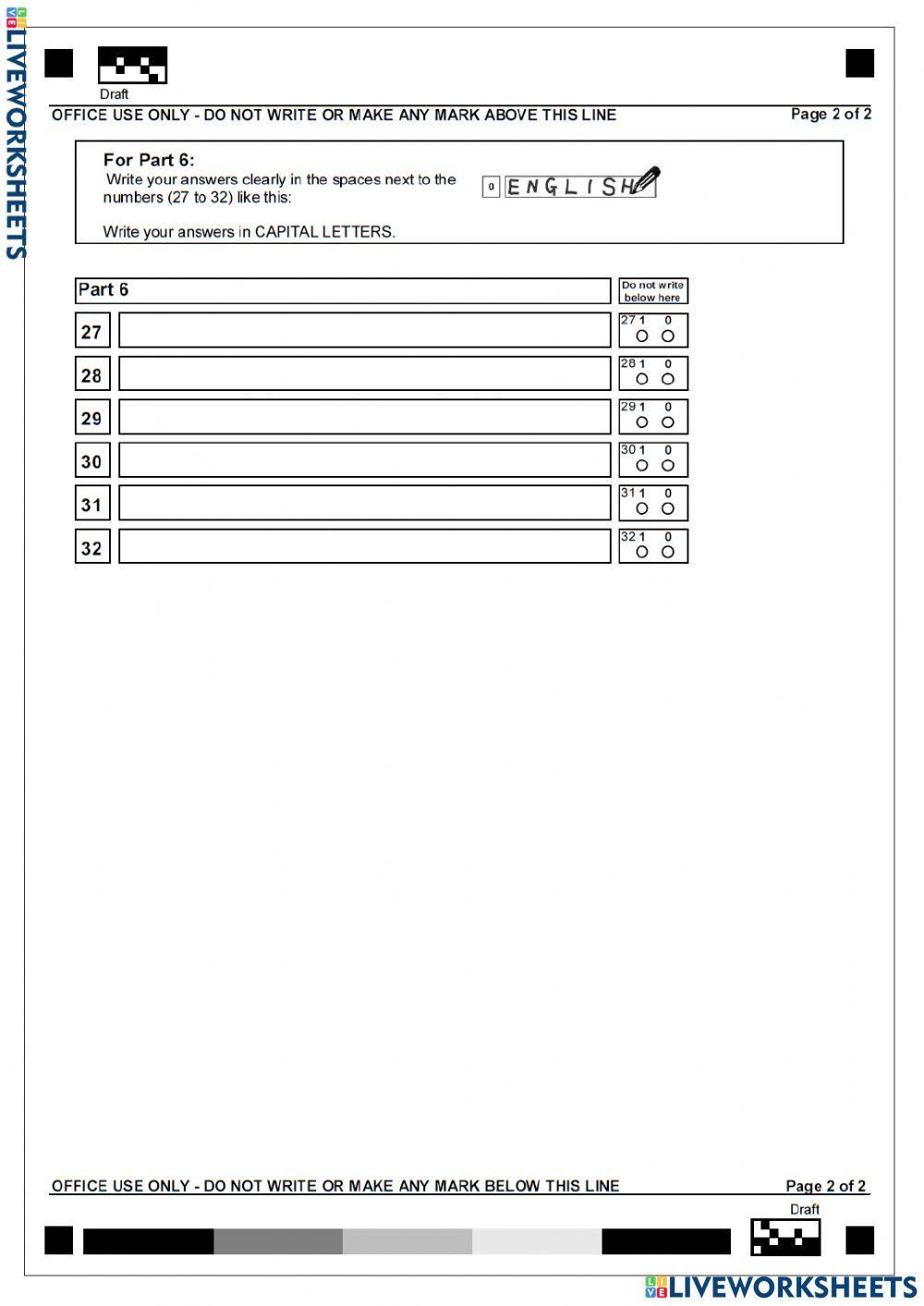 Answer sheet test 1 READING Collins B1 Preliminary