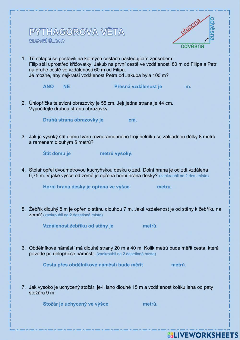 Pythagorova věta - slovní úlohy