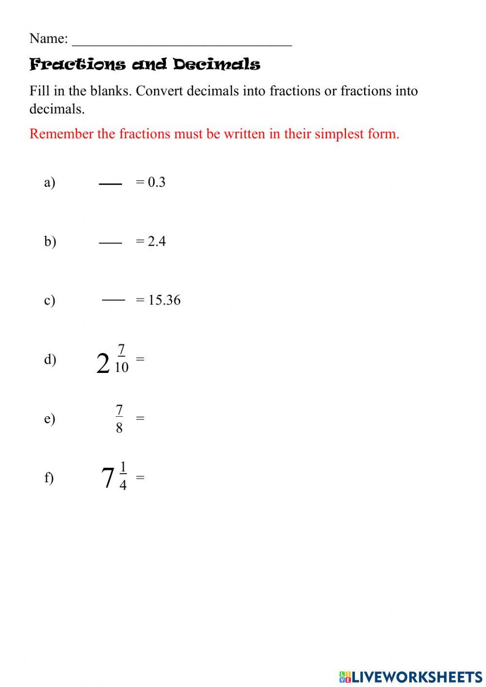 Fraction and Decimal Conversions Fraction and Decimal Conversions
