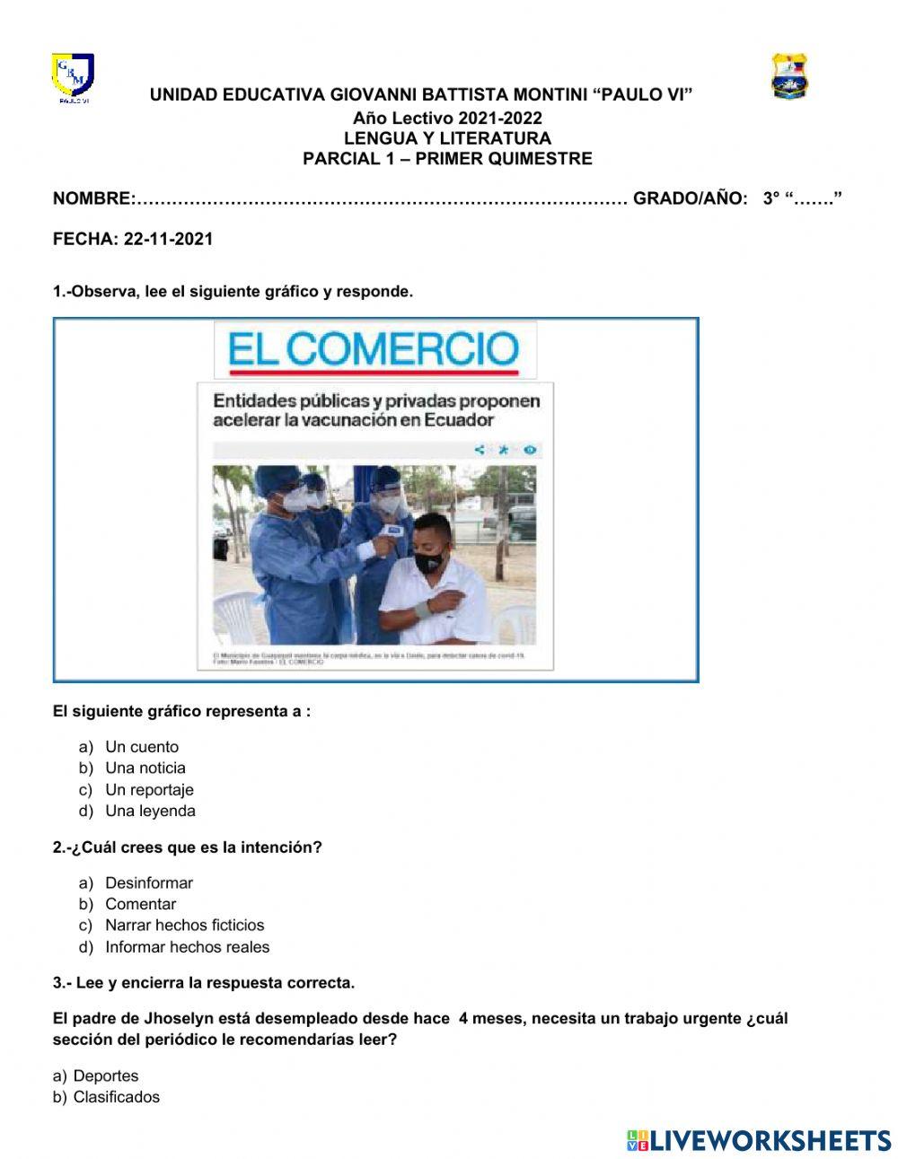 Evaluación parcial 1 lengua y literatura