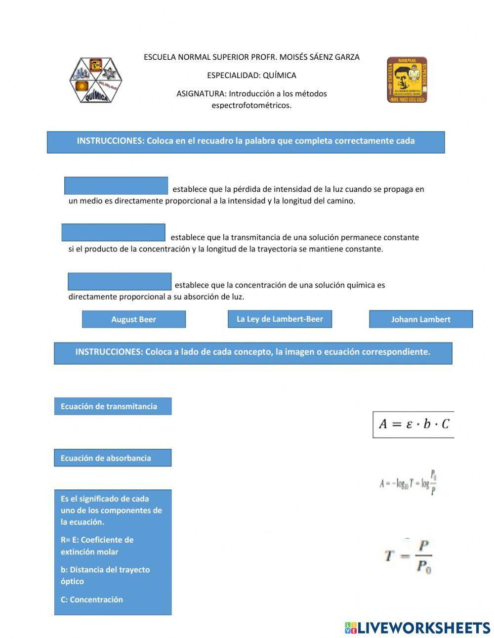 Ley de Lambert Beer worksheet Live Worksheets