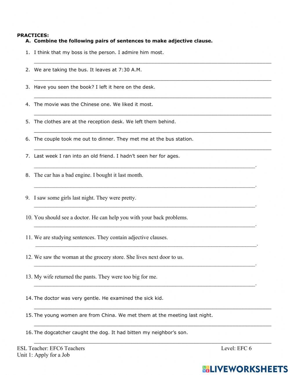 Relative clause online exercise for 12 Live Worksheets
