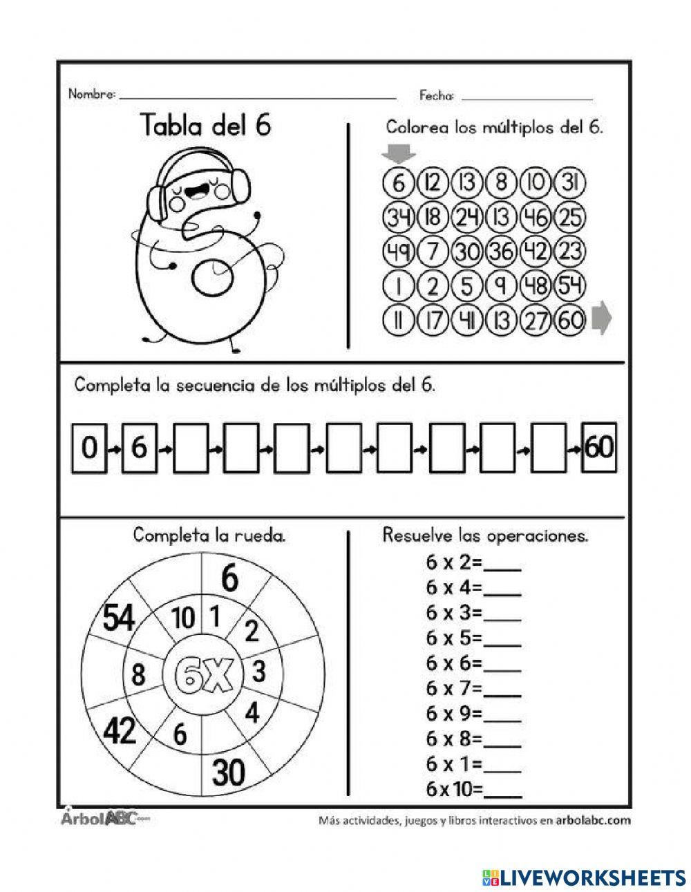 La tabla del 6 worksheet for Tercero de Primaria Live Worksheets