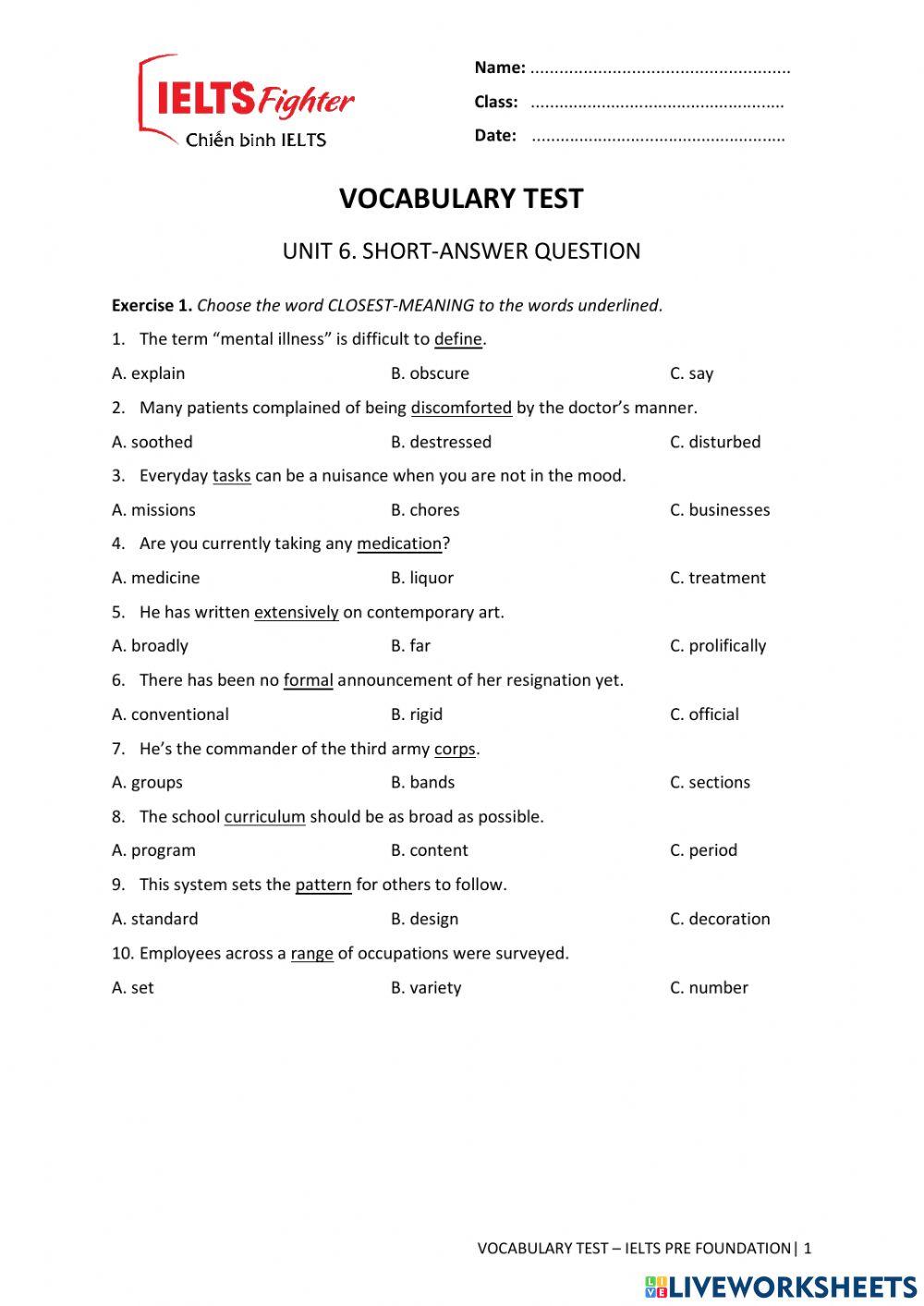 VOCAB TEST 6. UNIT 6. Short-answer Question