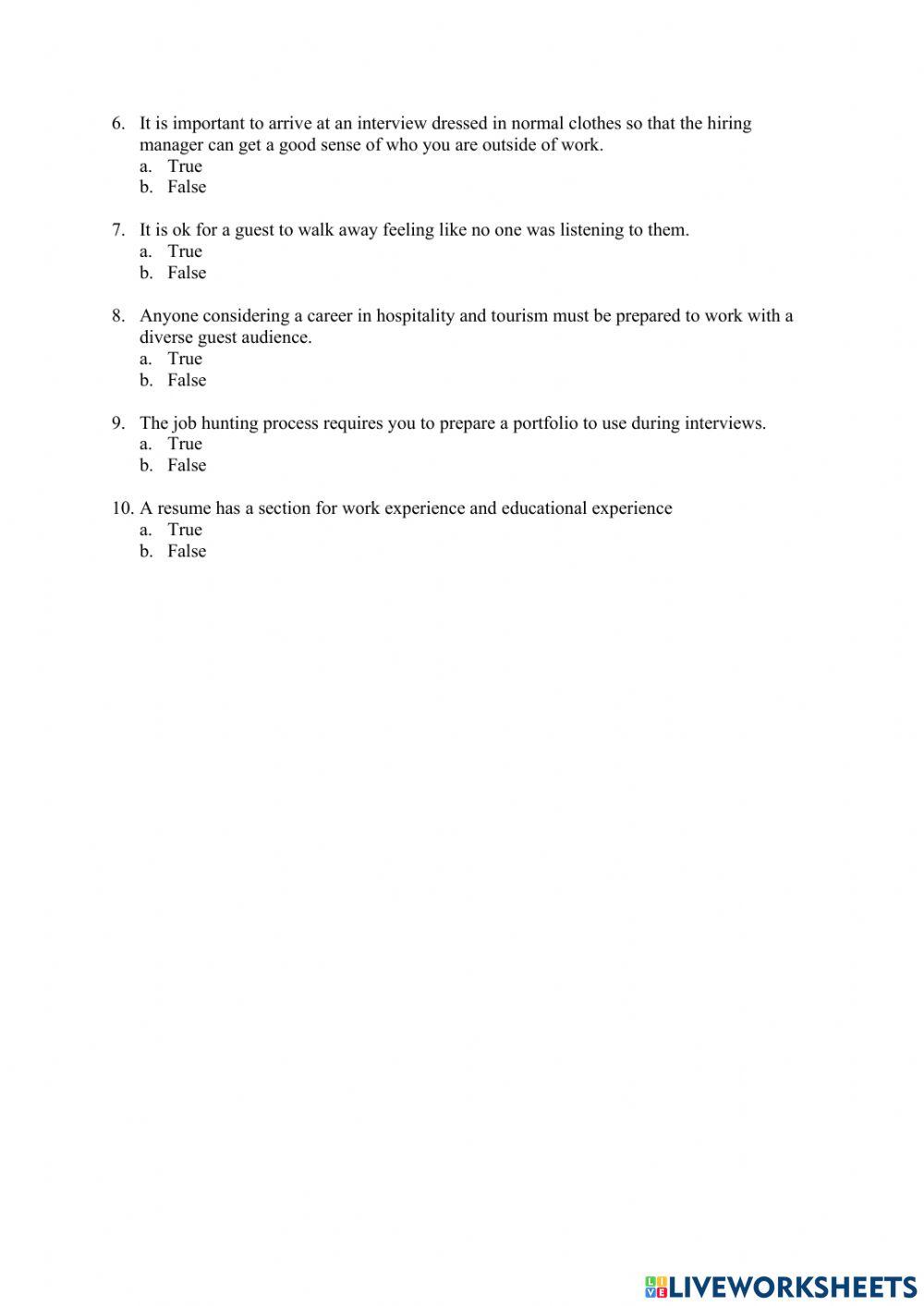 Careers in Hospitality True or False