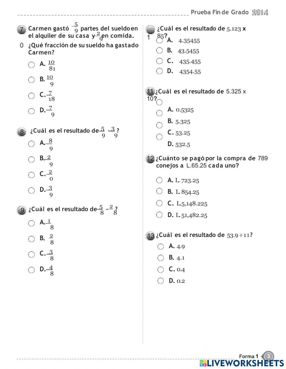 Prueba de fin de grado - matematicas -quinto