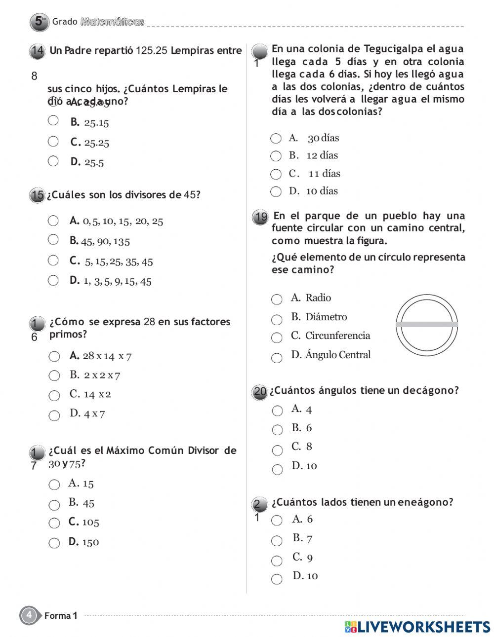 Prueba de fin de grado - matematicas -quinto