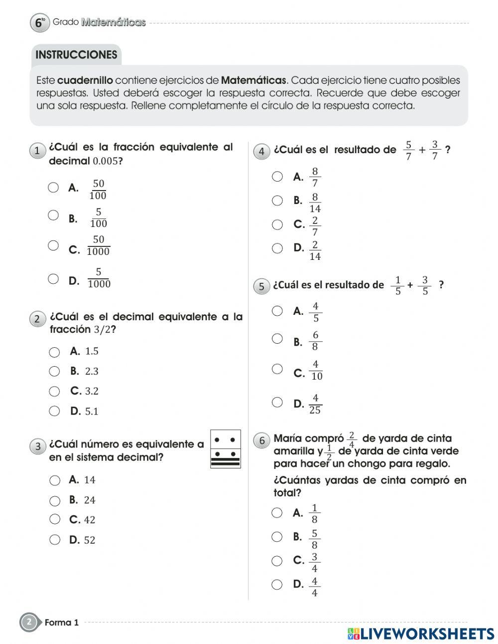 Prueba de  MATEMATICAS fin de grado - SEXTO