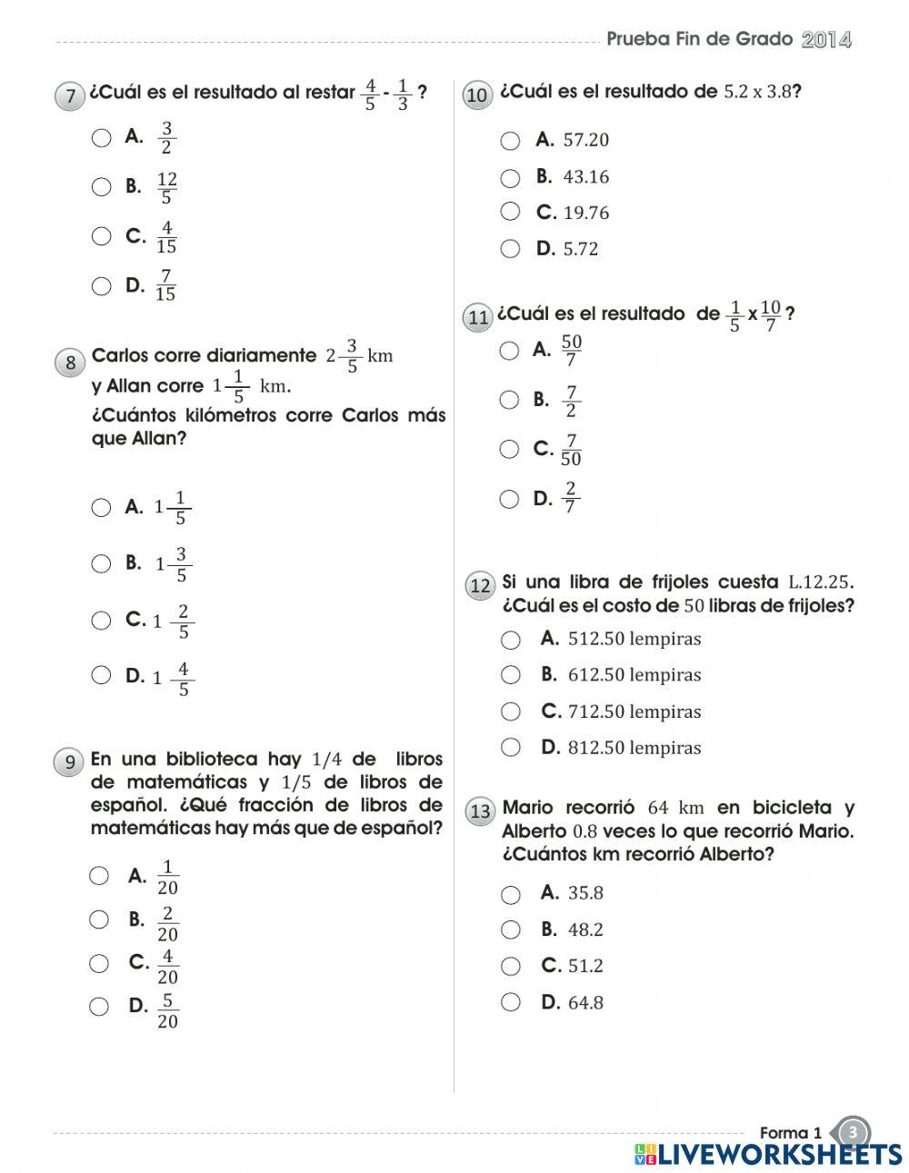 Prueba de  MATEMATICAS fin de grado - SEXTO