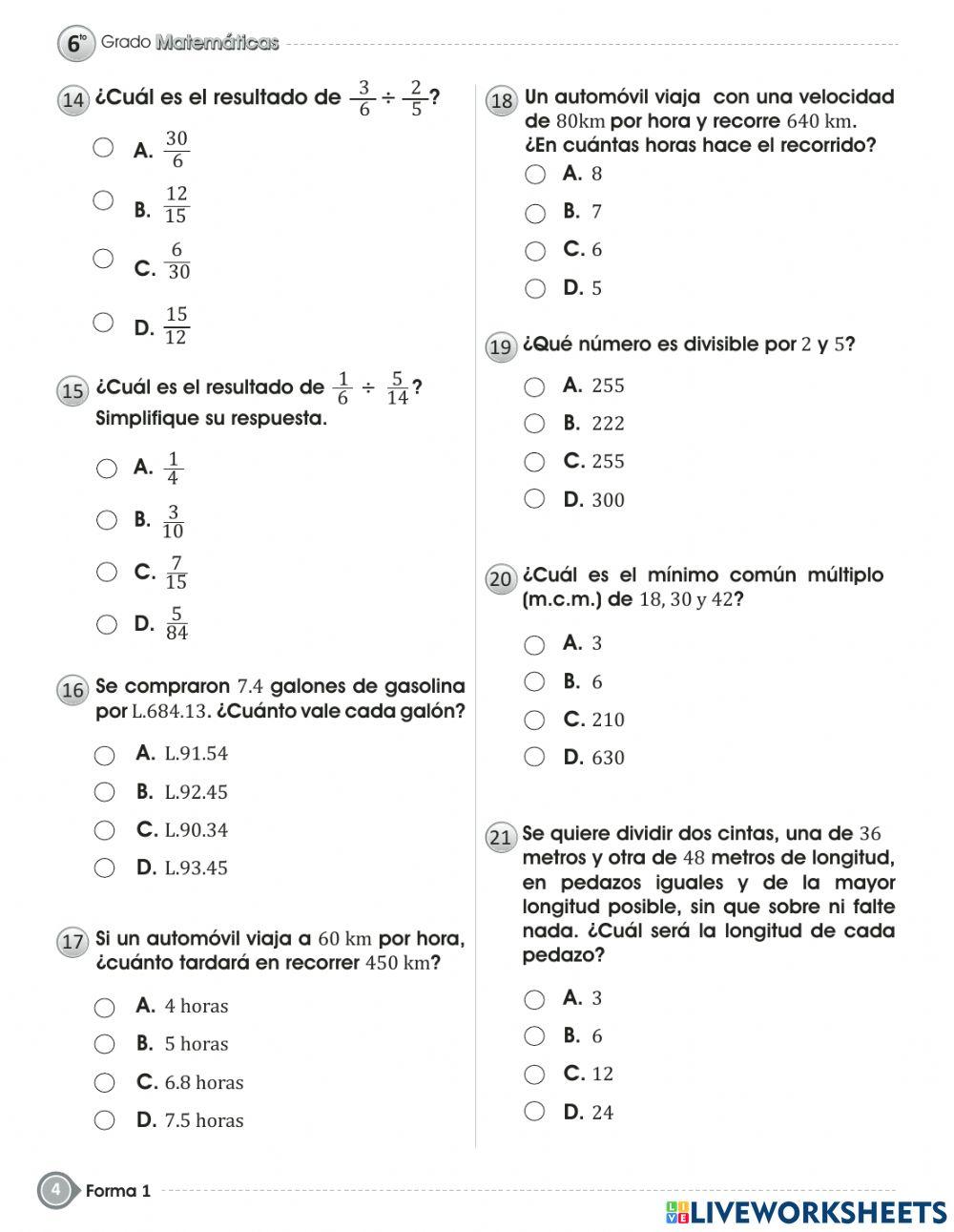 Prueba de  MATEMATICAS fin de grado - SEXTO