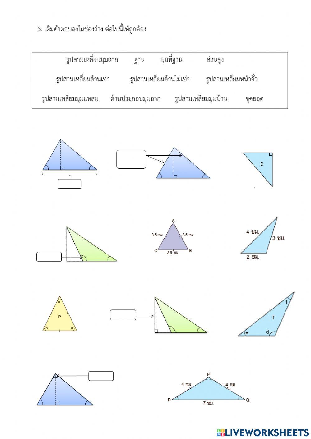 ใบงานที่ 1 ชนิดและส่วนประกอบของรูปสามเหลี่ยมป.6