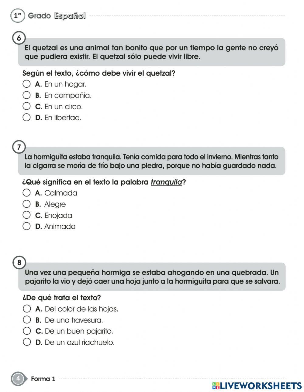 Prueba de  ESPAÑOL fin de grado - PRIMER GRADO