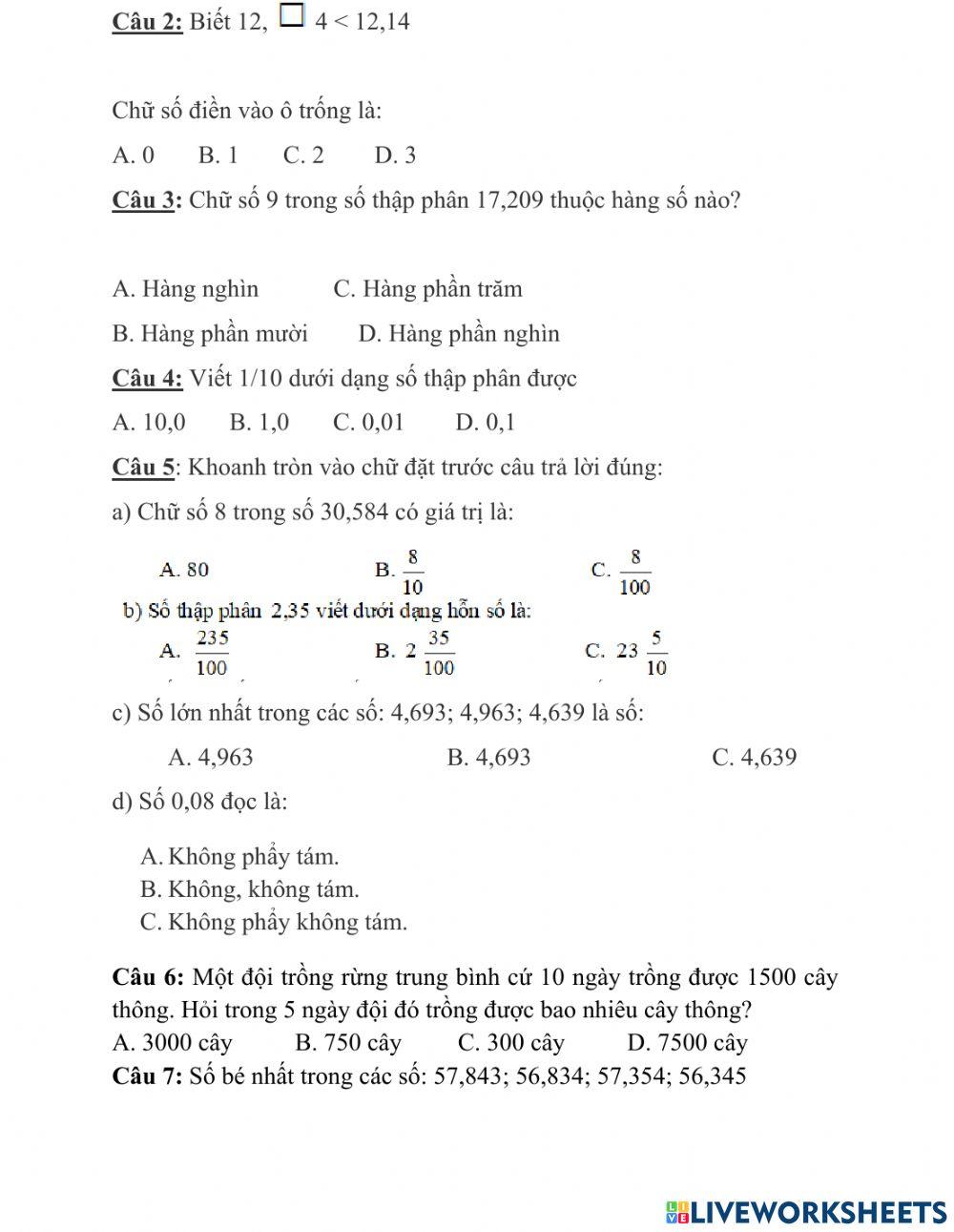 Kiểm tra giữa kì toán - lớp 5