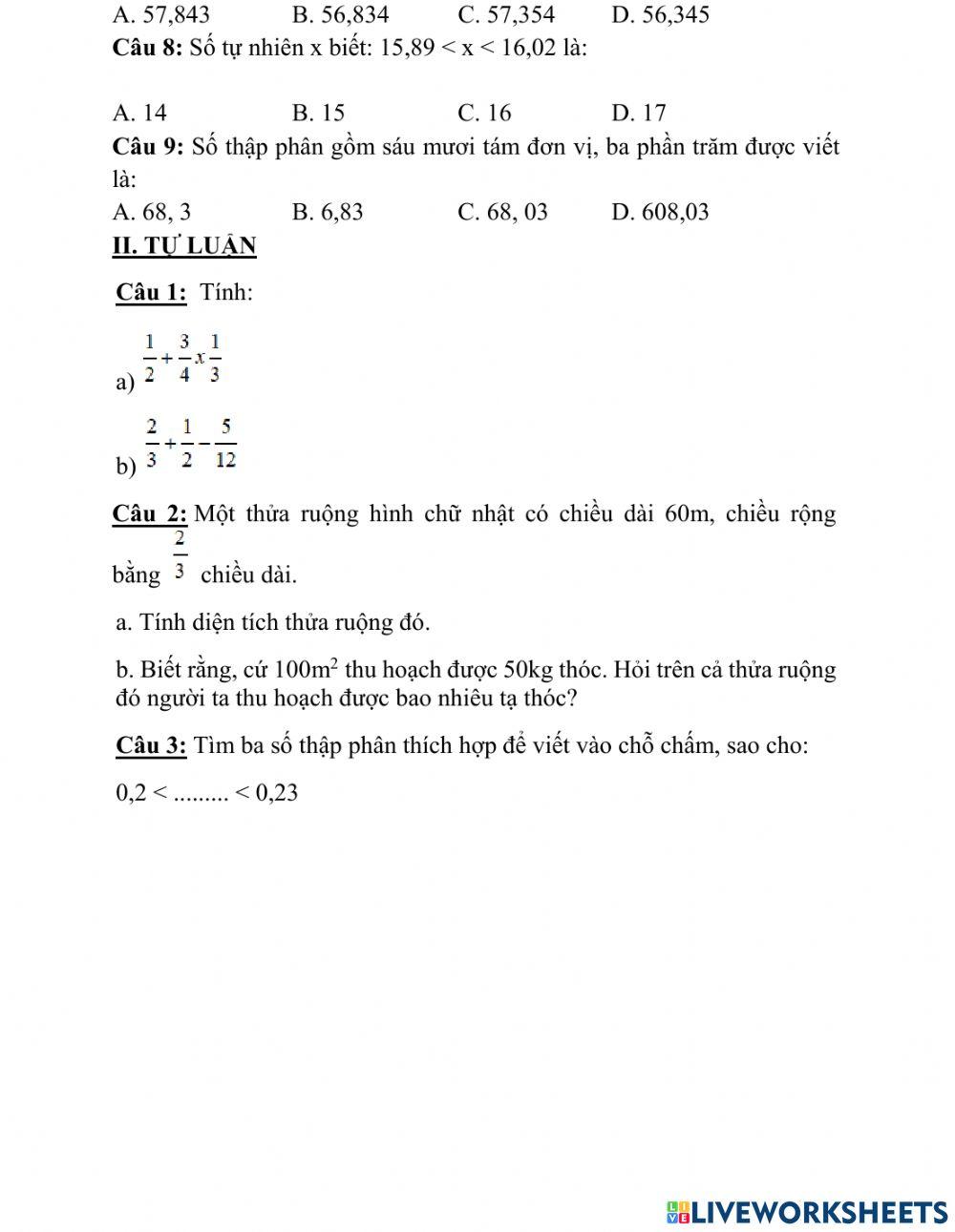 Kiểm tra giữa kì toán - lớp 5