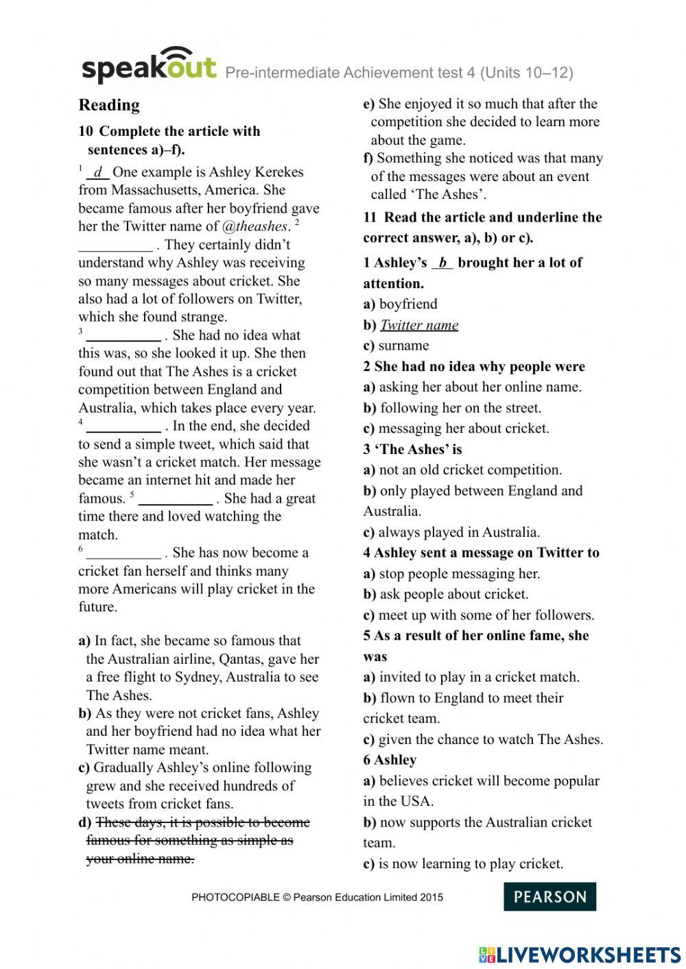 Achievement test 4 (Units 10–12) - Speak out -Pre- Intermediate