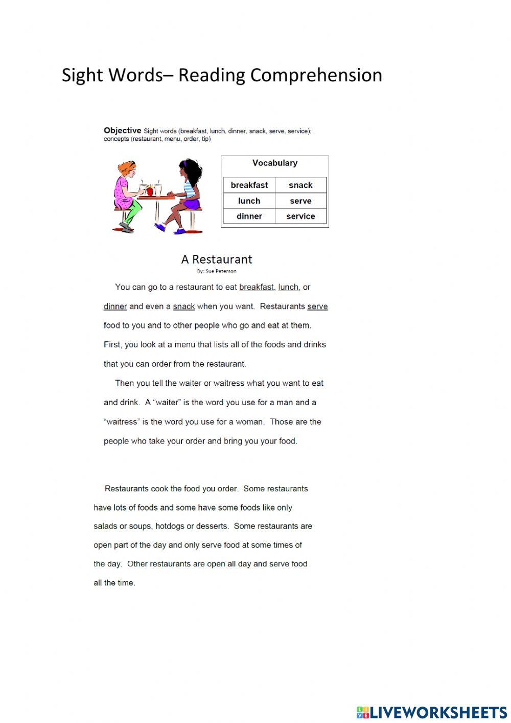 Sight words reading comprehension worksheet live worksheets