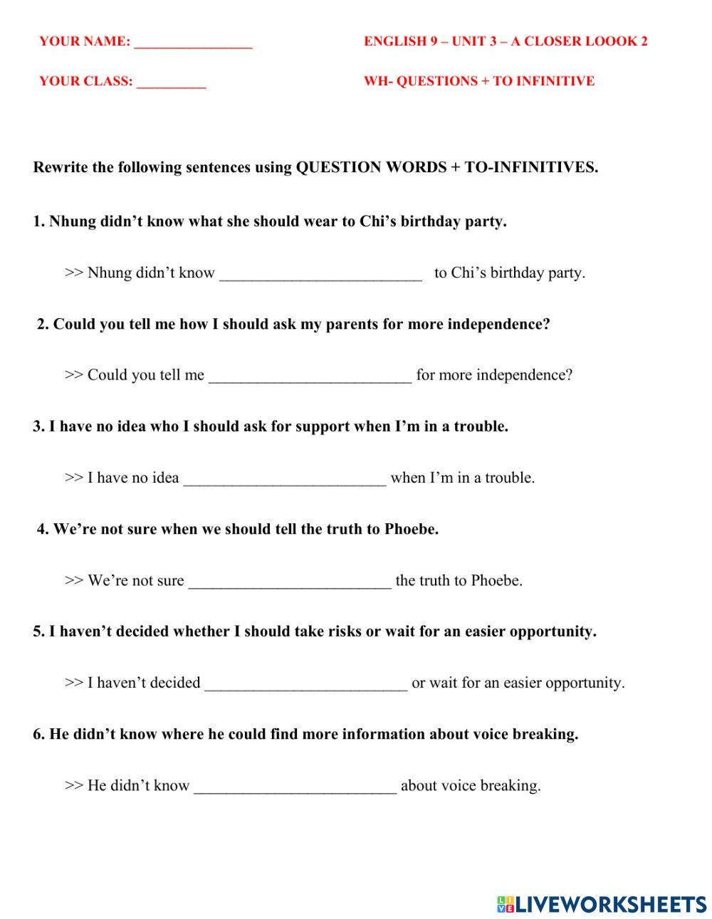 ENGLISH 9- UNIT 3- WH QUESTIONS + to inf