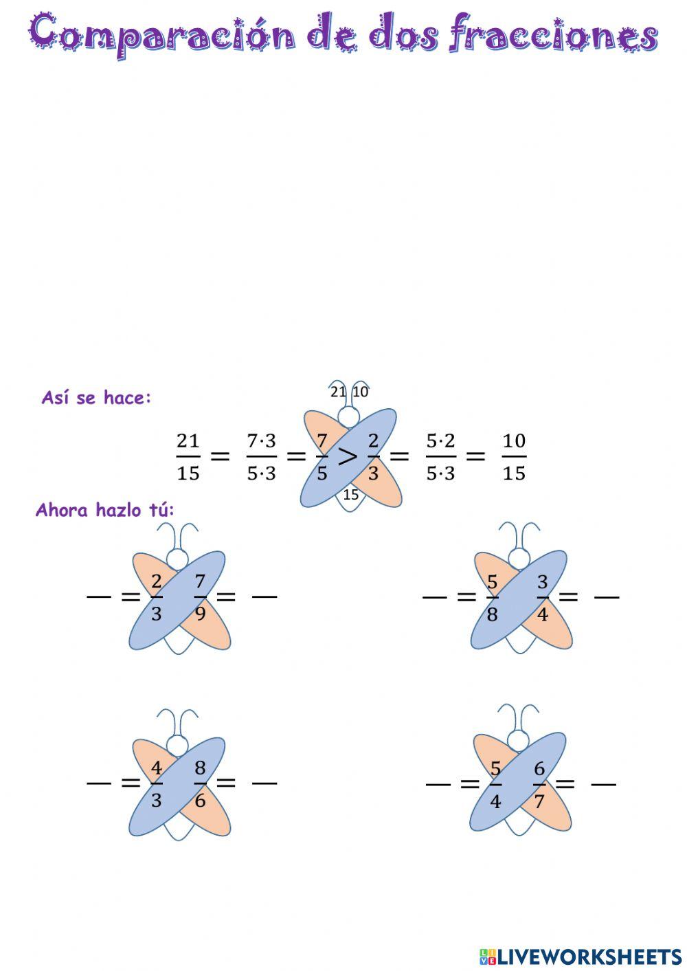 Comparación de dos fracciones- Mariposa